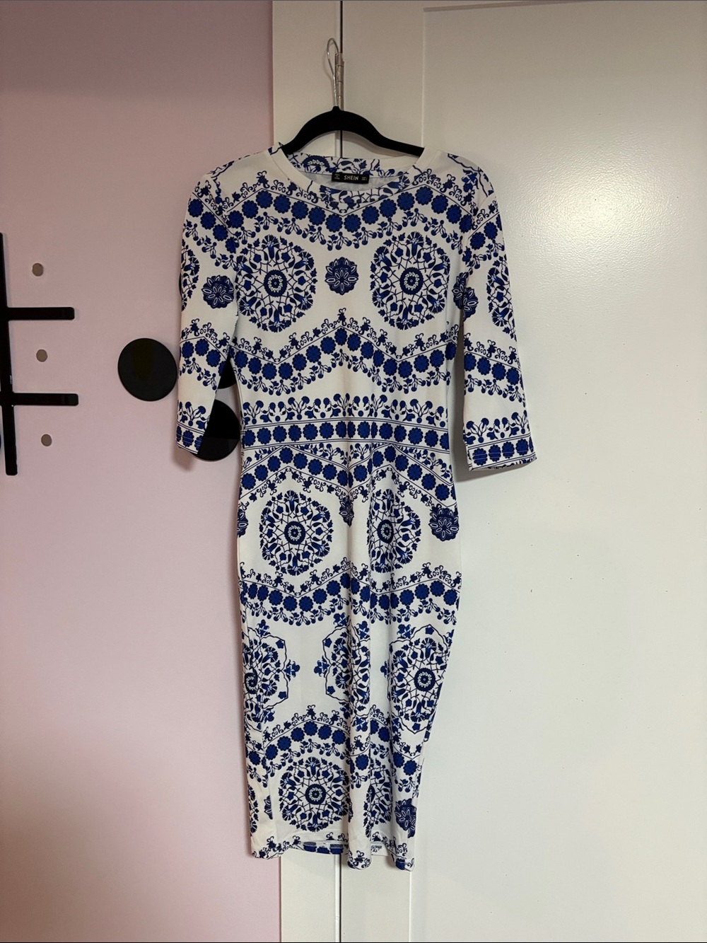 SHEIN Blue and White Printed Midi Dress
